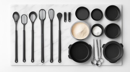 Baking ingredients and measuring tools neatly arranged on marble