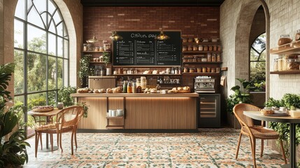 Caf layout with counter, chalkboard menu space, and bakery products