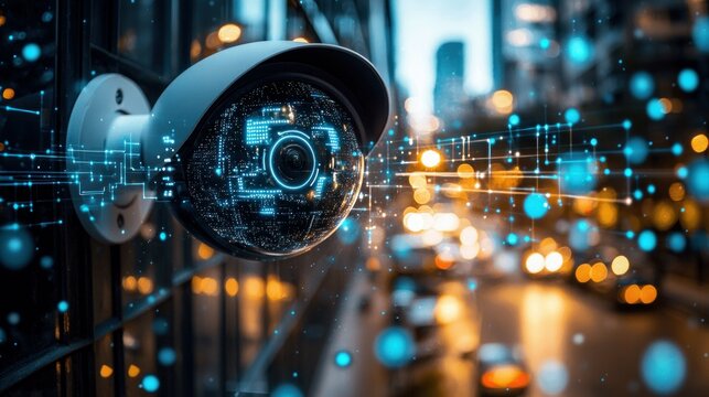 Modern security camera on city street