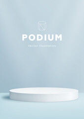 Blue pedestal podium display. Abstract modern vector realistic 3d shape for products display presentation. Empty studio room vertical background. Pastel minimal wall scene