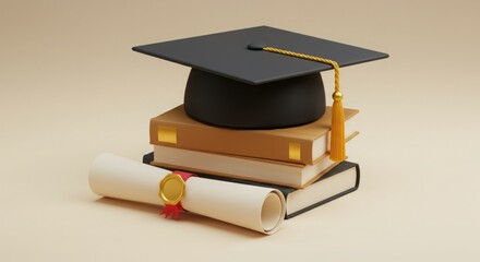 Graduation cap, diploma, and books symbolize academic achievement.