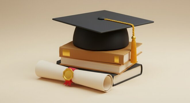 Graduation cap, diploma, and books symbolize academic achievement.