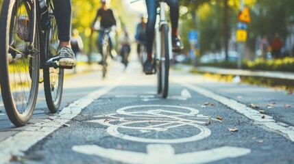 Cyclists Enjoying a Scenic Ride on Designated Lane Enhancing Urban Lifestyle