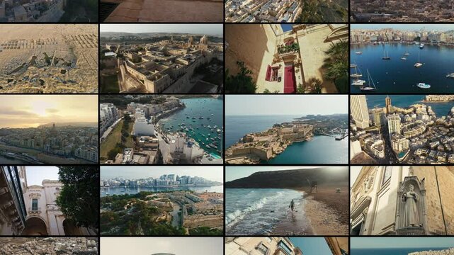Seaside Fortresses and City Walls of Malta captured in a cinematic collage of Maltas architecture, coastlines and heritage. A dynamic visual journey through iconic landscapes and cities.