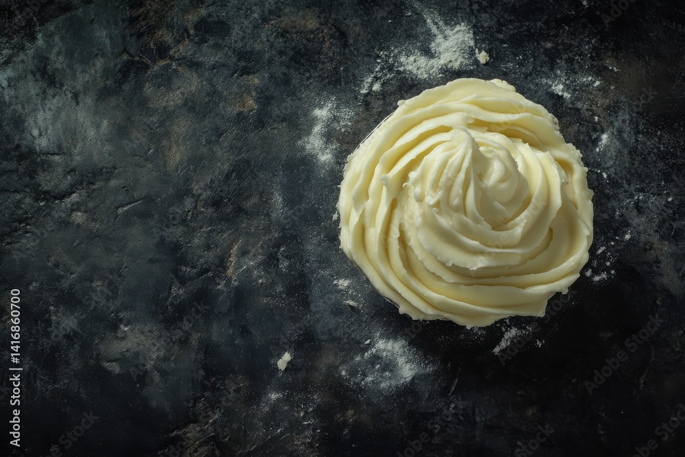 Poster overhead shot of circular frosting design with textured light yellow creamy appearance, set against 