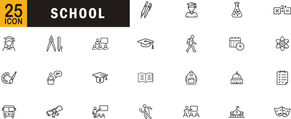 School editable outline icon set. Education, classroom, student, teacher, backpack, diploma, graduation, learning, study, and knowledge icons.