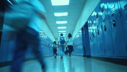Fototapeta premium Blurred high school hallway with lockers and students moving, in a blue color theme