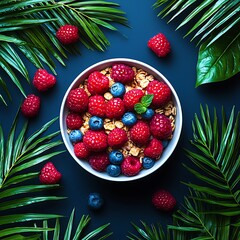 Tropical breakfast bowl filled with granola, raspberries, and blueberries.