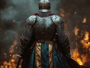 Medieval knight in full plate armor, facing a raging fire.