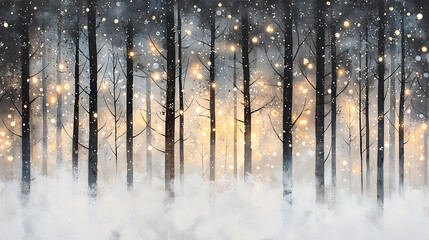 Obraz premium Magical Winter Forest with Glowing Lights and Snowfall