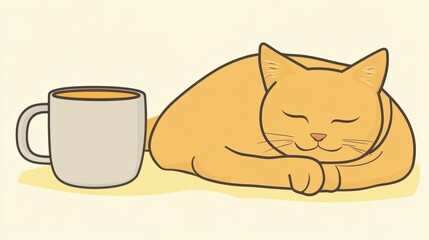 Sleepy orange tabby cat beside a cup of coffee.