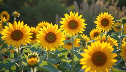 Obraz premium Bright sunflowers blooming in a lush garden setting under natural light.