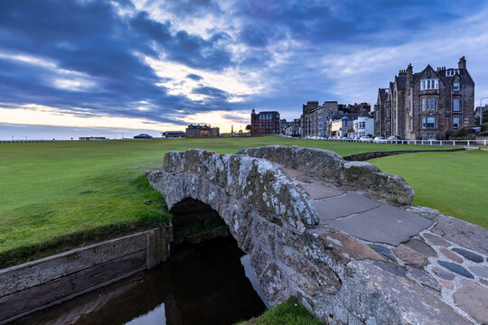 The famous Swilken (or Swilcan) Bridge over Swilken Burn at St Andrews in Fife, Scotland.