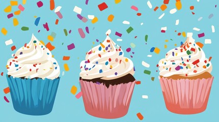 Colorful cupcakes with sprinkles and frosting on a light teal background.