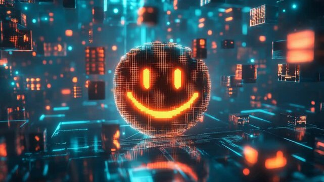 Happy Digital Future: Tech Smiley Face Over Glowing Circuit Board Background