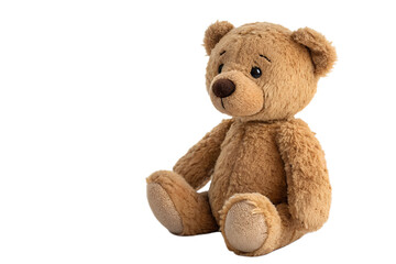 Obraz premium A soft and cuddly teddy bear toy isolated on a white background. This plush toy is perfect for representing childhood, comfort, and playtime in educational or commercial designs