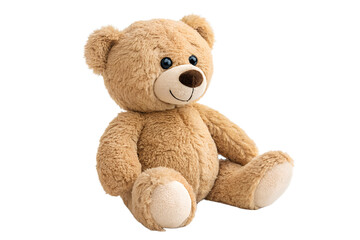 A soft and cuddly teddy bear toy isolated on a white background. This plush toy is perfect for representing childhood, comfort, and playtime in educational or commercial designs