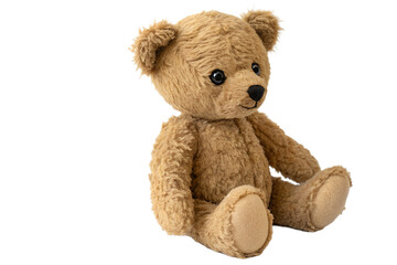 A soft and cuddly teddy bear toy isolated on a white background. This plush toy is perfect for representing childhood, comfort, and playtime in educational or commercial designs