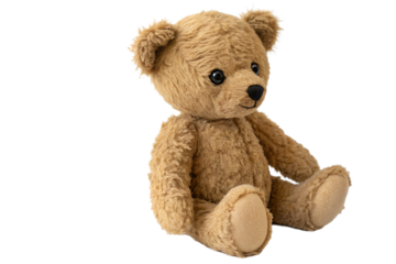A soft and cuddly teddy bear toy isolated on a white background. This plush toy is perfect for representing childhood, comfort, and playtime in educational or commercial designs