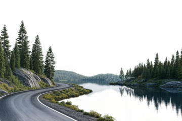 Curved road along a peaceful lake surrounded by lush pine trees and mountains isolated on transparent background