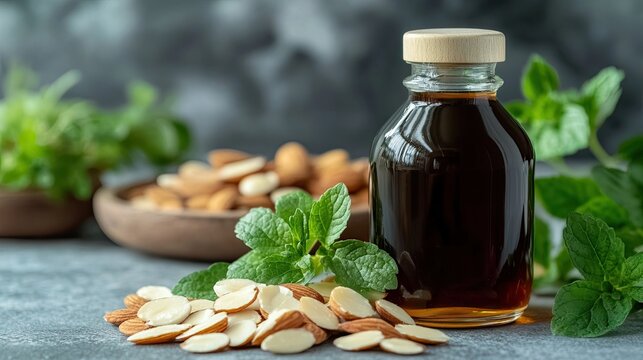 Orgeat syrup bottle placed next to almond slices and herbs