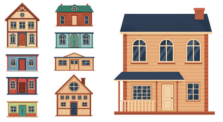 Fototapeta premium Collection of colorful detailed residential houses with varied architectural styles flat vector illustration