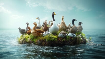 Ducktopia a bustling avian metropolis on a floating island showcasing ducks diversity and whimsical charm a vibrant ecosystem in the vast ocean expanse
