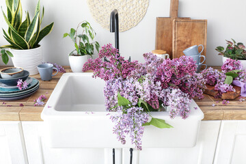 Blooming lilac twigs in kitchen sink