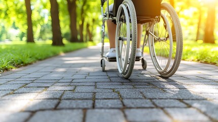 Person in wheelchair enjoying a park pathway on a sunny day.