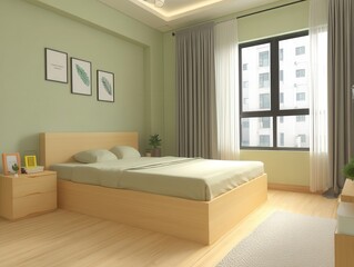 Serene green bedroom with a wooden bed frame, botanical prints, and large window offering a city view. Warm, inviting, and minimalist design