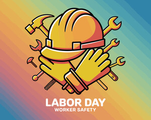 Fototapeta premium 2d vector colorful poster for labor day , work industry equipment , worker , safety . 