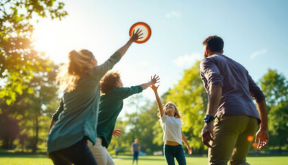 A cheerful group of friends and children playing frisbee in a sunny park. Ideal for visuals about outdoor recreation, energy, togetherness, family fun, and active lifestyles.
