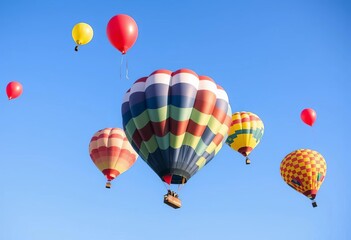Fototapeta premium Vibrant multicolored balloons ascend against a serene blue sky, air, colorful