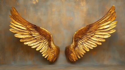 A pair of gold angel wings in a photography studio backdrop. Potential graphic resource for use by photographers. 