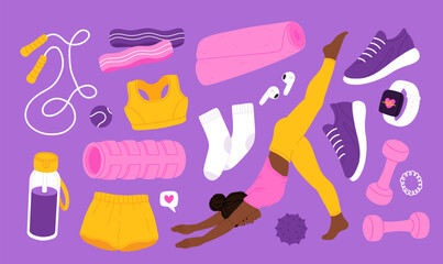 Sport accessories with african american women, girl in sportswear training, fitness equipment, dumbbells for active lifestyle. Vector flat cartoon illustration