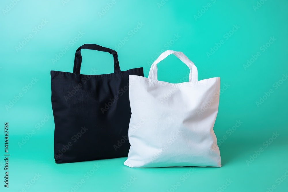 Aufkleber black and white tote bags stand side-by-side on a smooth, teal background, showcasing simplicity and