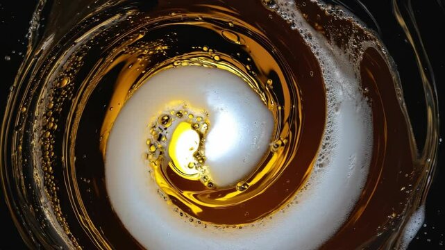 swirling beer vortex with golden foam and bubbles in dark background, hypnotic spiral movement in slow motion, abstract alcohol drink texture pattern macro view