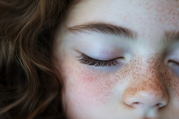 Obraz premium Close-up portrait of freckled female child's face with closed eyes