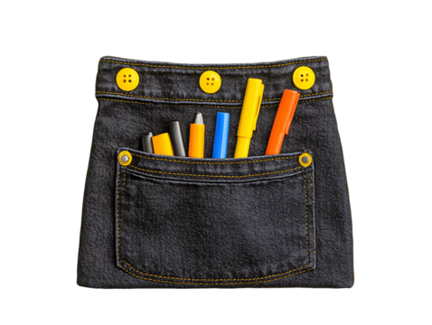 Colorful Pens and Pencils in Black Denim Pouch, PNG
