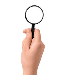 Female hand with mini magnifier isolated on white background