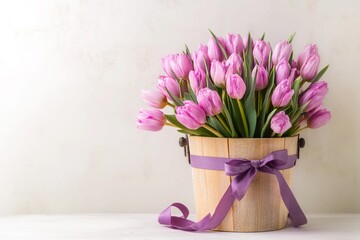 Fototapeta premium Bouquet of pink tulips in an old wooden bucket on a white background with copy space, in pastel
