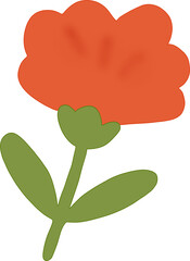Simple red carnation flower with green stem, kawaii floral icon