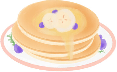 Fluffy pancake stack with banana, blueberries and syrup, cute clip art