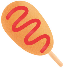 Cartoon corn dog on stick with ketchup swirl, street food clip art