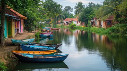 Obraz premium Picturesque canal scene with vibrant homes and boats nestled in greenery