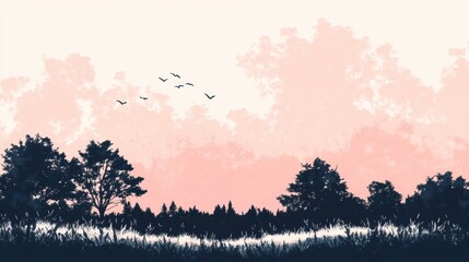 Silhouette of Trees and Birds in a Pink Sky