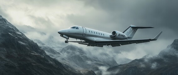 Side view of a white Cessna Citation private jet flying over the mountains
