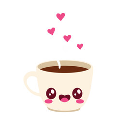 A cute kawaii coffee cup with smiling face and heart accents. Ideal for Valentine’s Day, romantic designs, cafe themes, stickers, and adorable coffee-related projects.