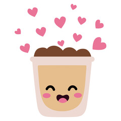 A cute kawaii coffee cup with smiling face and heart accents. Ideal for Valentine’s Day, romantic designs, cafe themes, stickers, and adorable coffee-related projects.