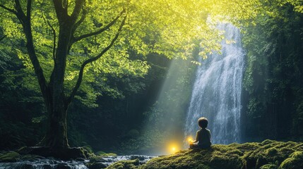 Contemplation by the Waterfall, A Moment of Serenity in Nature's Embrace